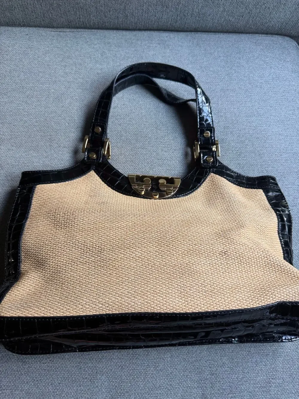 Tory Burch Straw Crocodile Embossed Handbag Bag Gold Hardware